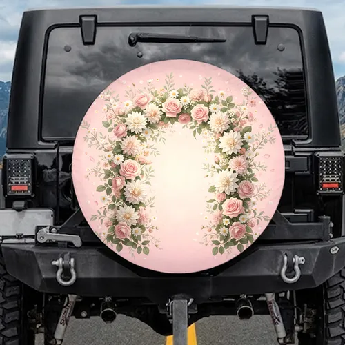 Full-Canvas Pink Roses White Dahlias Daisies Floral Arch Greenery - Car Decor Gift Spare Tire Cover