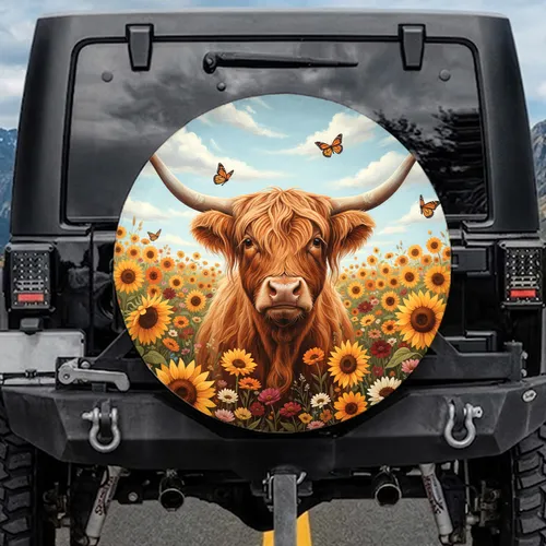 Highland Cow Wildflower Meadow - Wildlife Lover Gift for Cow Lover Spare Tire Cover