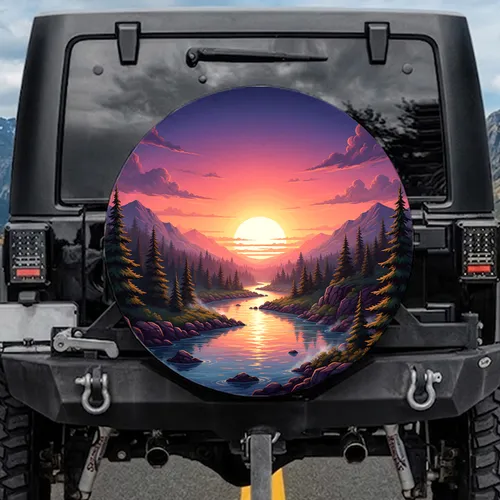River Forest Mountain Moon Reflections Twilight Sky - Outdoor Adventure Gift Spare Tire Cover