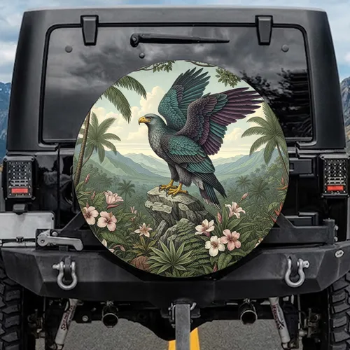 Majestic Eagle Tropical Flowers Craggy Rock - Wildlife Lover Gift Spare Tire Cover