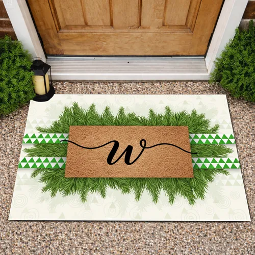 Script Custom Letter Coir Rectangle Green Fringe White Triangles Everyday Home Decor Gift Doormat