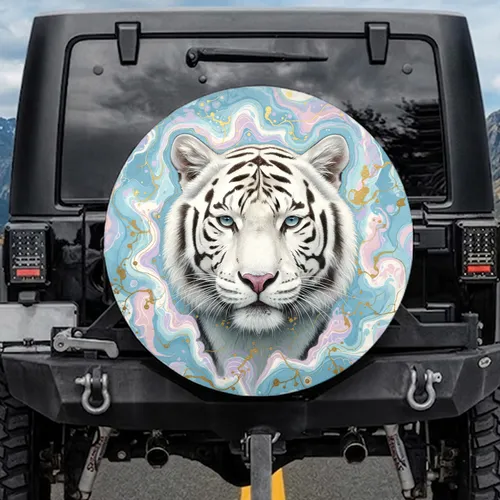 White Tiger Head Pastel Fluid Art Marbled Swirls with Golden Flecks Wildlife Lover Gift Spare Tire Cover
