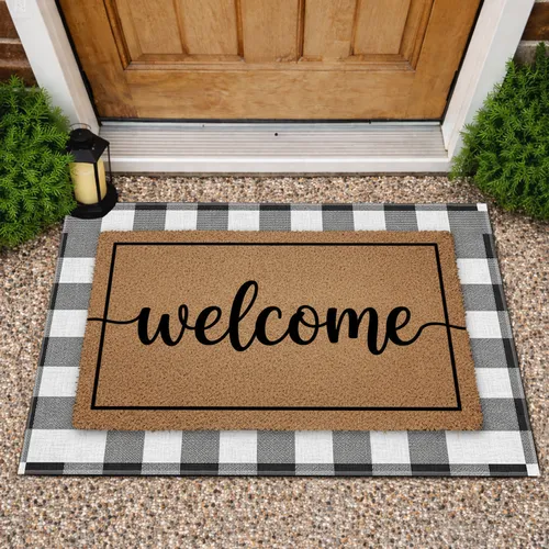 Welcome Script Black Buffalo Plaid Rustic Wood - Farmhouse Home Decor Gift Doormat