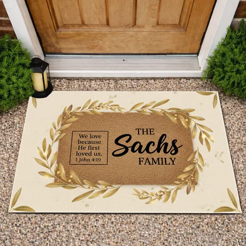 Custom Family Name Doormat Scripture Olive Branch Laurel - Christian Home Decor Gift