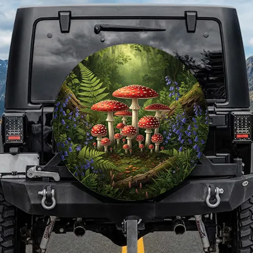 Red White Spotted Mushrooms Lush Forest Foliage Blue Wildflowers - Nature Lover Gift Spare Tire Cover