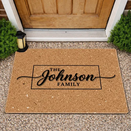 Custom Family Name Black Script Thin Border - Home Decor Gift Doormat