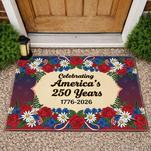 America 250th Anniversary (1776-2026) Patriotic Stars Stripes Floral Garlands Doormat