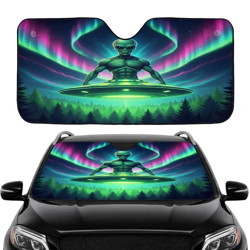 Glowing Alien Flying Saucer Aurora Borealis Cosmic Night Sky - Sci-Fi Fan Gift Car Sunshade