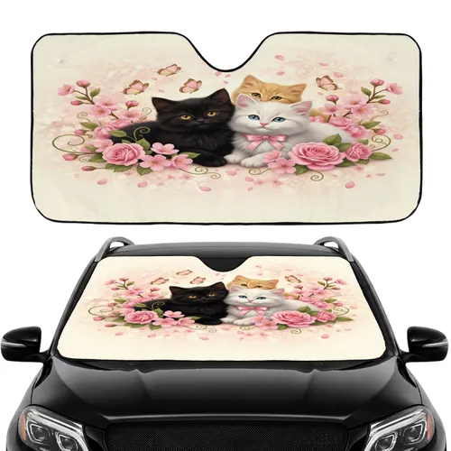 Fluffy Kittens Pink Blossoms Butterflies - Car Decor Gift for Cat Lover Car Sunshade