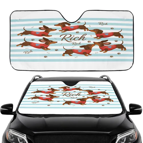 Dachshunds Red Sweater Blue Heart with Name 'Rich' - Dog Lover Gift Car Sunshade