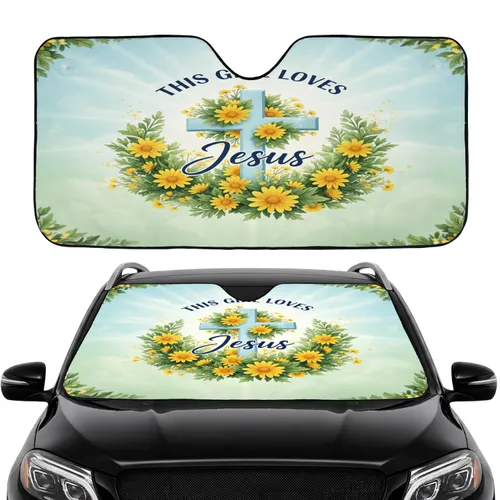 This Girl Loves Jesus Cross Floral Wreath - Christian Faith Gift for Her Car Sunshade