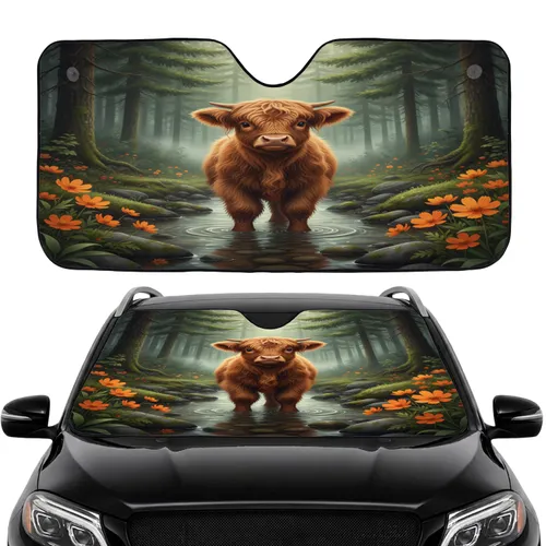 Fluffy Highland Calf Cosmos Flowers Forest Stream - Nature & Wildlife Lover Gift Car Sunshade