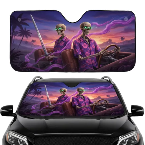 Skeletons Longsword Steering Wheel Hibiscus Flowers Road Trip Gift Car Sunshade
