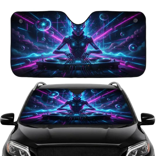 Futuristic Alien DJ Neon Turntables Cosmic - Car Interior Upgrade Car Sunshade