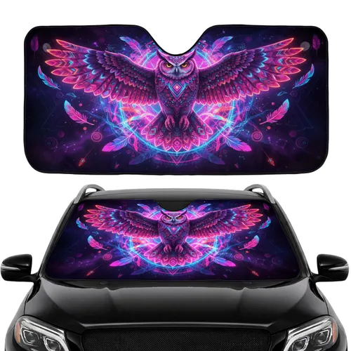 Owl Wide Wings Glowing Neon Geometric Tribal Patterns Cosmic Void - Wildlife Lover Car Decor Gift Car Sunshade