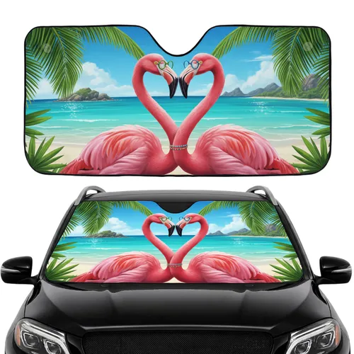Pink Flamingos Heart Tropical Beach - Summer Vacation Beach Lover Gift for Flamingo Lover Car Sunshade