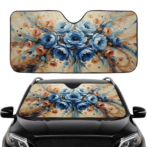 Impasto Blue Orange Flowers Richly Textured - Car Decor Gift Car Sunshade