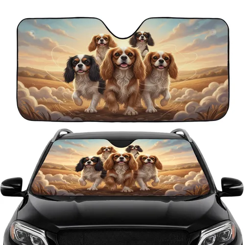 Five Cavalier King Charles Spaniels Golden Hour Hills - Dog Lover Gift Car Sunshade