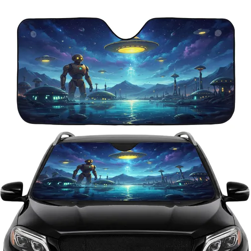 Golden Robot Submerged UFO Alien World - Starry Cosmic Night Sky Sci-Fi Lover Gift Car Sunshade