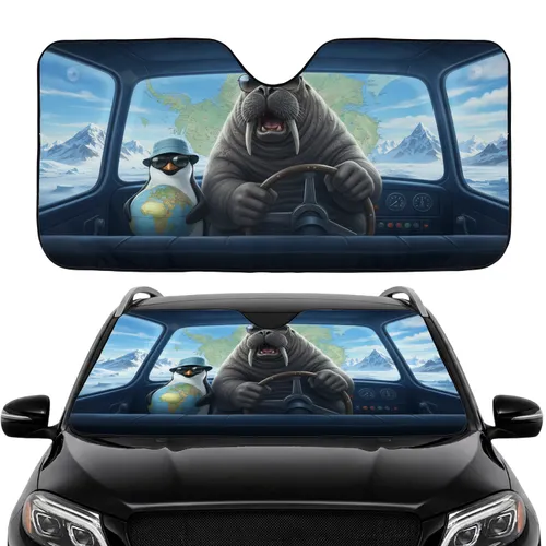 Penguin Walrus Steering Wheel World Map Arctic Landscape - Travel Essentials Gift Car Sunshade