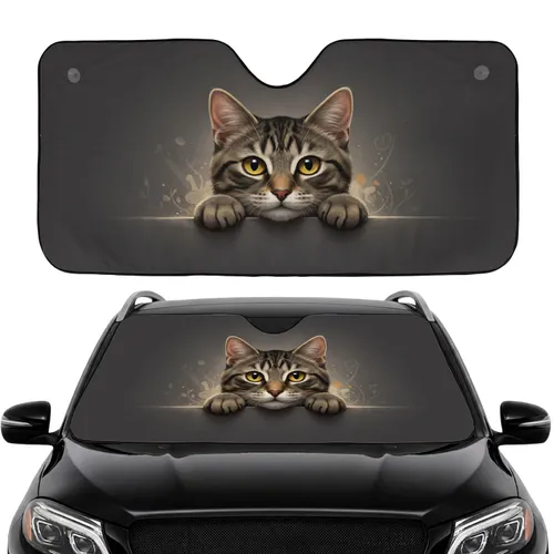 Tabby Cat Wide Yellow Eyes, Lifelike Fur - Car Decor Gift for Cat Lovers Car Sunshade