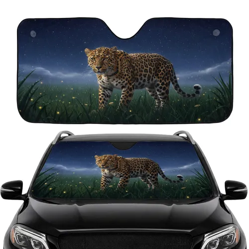 Majestic Spotted Leopard Dewy Grass Glowing Highlights Twilight Sky - Wildlife Lover Gift Car Sunshade