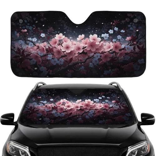 Sakura Cherry Blossoms Dark Foliage Light Particles Black Night Sky - Car Decor Gift Car Sunshade