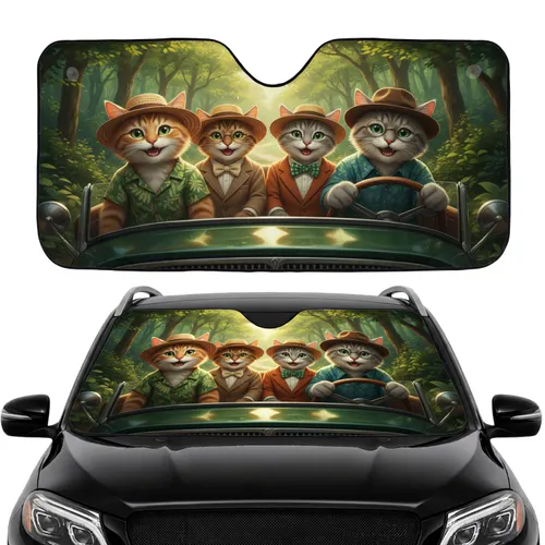 Four Smiling Cats Vintage Car Scenic Drive - Lush Green Forest Road Trip Gift for Drivers Car Sunshade