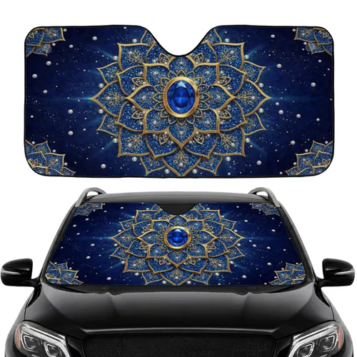 Mandala Flower Deep Blue Glitter Gold Filigree Glowing Gem - Car Decor Gift Car Sunshade