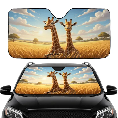 Two Giraffes Golden Wheat Field - Sunny Journey Wildlife Lover Gift Car Sunshade
