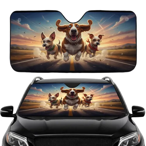 Dog Trio Road Adventure - Road Trip Essential Dog Lover Gift Car Sunshade