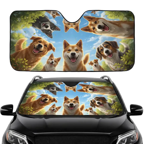 Diverse Dog Breeds Smiling Happy Outdoor Sky Trees - Dog Lover Gift Car Sunshade
