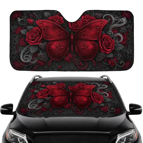 Red Butterfly Crimson Roses Dark Hearts - Gothic Auto Interior Decor Car Sunshade