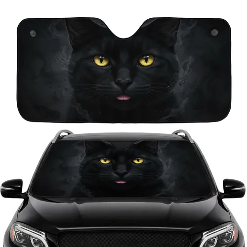 Close-Up Black Cat Face Golden Eyes Pink Tongue - Cat Lover Gift Car Sunshade
