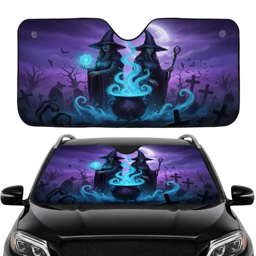Witches Cauldron Graveyard Bats Moon - Halloween Decor Gift for Fantasy Lover Car Sunshade