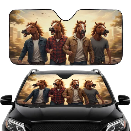 Realistic Horse Head Figures in Casual Clothing Laughing - Travel Essentials Gift Car Sunshade