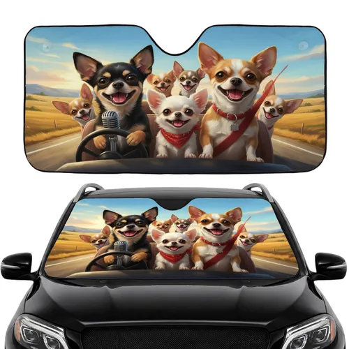 Diverse Chihuahuas Open Road Landscape - Dog Lover Travel Gift for Chihuahua Lovers Car Sunshade
