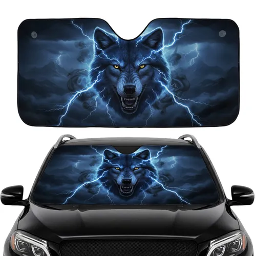 Electric Blue Wolf Head Lightning Stormy Mountains Wildlife Lover Gift for Wolf Fans Car Sunshade
