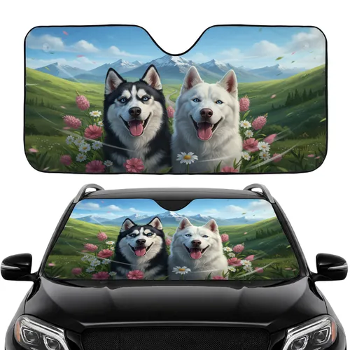 Siberian Husky Dogs Wildflower Mountain Landscape - Wildlife Lover Gift Car Sunshade