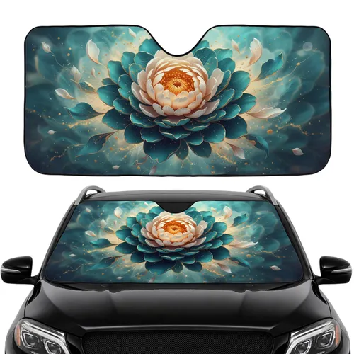 Peony Blossom Flower Teal Aqua Gold Luminous Petals & Marble Patterns Car Interior Upgrade Car Sunshade