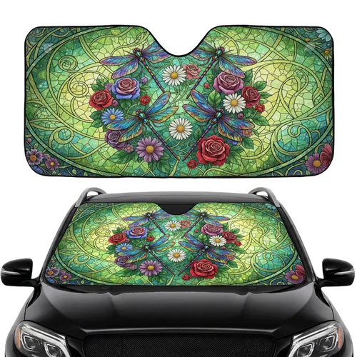Dragonflies Roses Fantasy Floral Mosaic - Road Trip Commute Accessory Car Sunshade