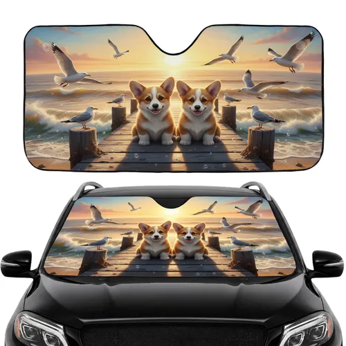 Fluffy Corgi Puppies Golden Sunset Ocean Waves - Commute Accessory for Dog Lovers Car Sunshade