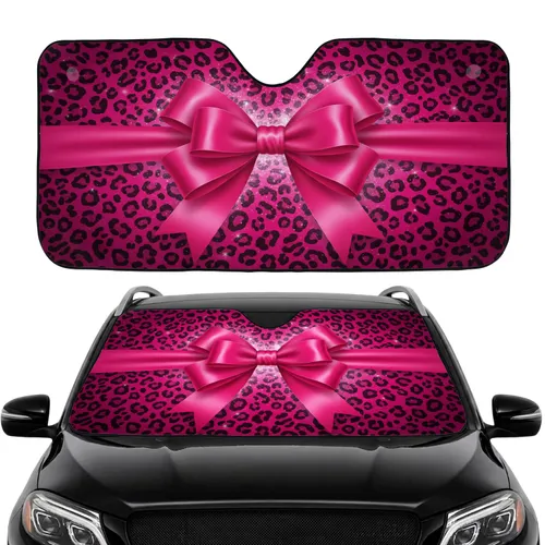 Hot Pink Satin Ribbon Bow Fuchsia Black Leopard Spots - Car Interior Upgrade Car Sunshade