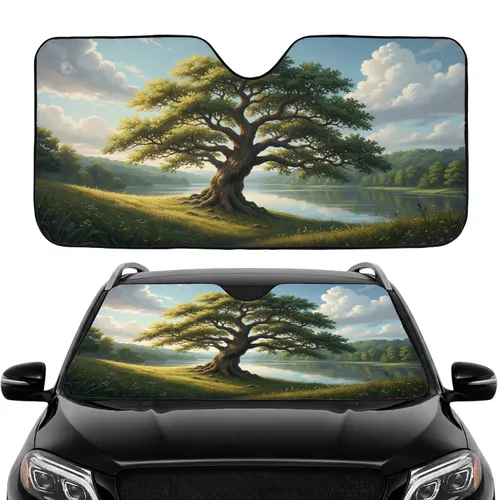 Ancient Oak Tree Reflective Lake Green Hills - Car Interior Upgrade Commute Accessory Car Sunshade