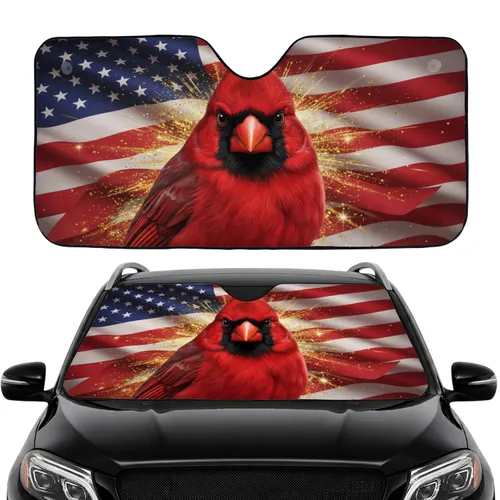 Northern Cardinal American Flag Road Trip Essential - Wildlife Lover Car Sunshade