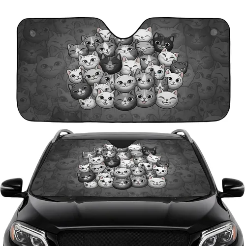 Dense Stylized Cartoon Cat Faces - Road Trip Car Accessory for Cat Lovers Car Sunshade