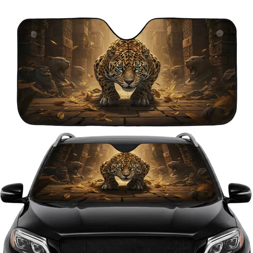Majestic Jaguar Blue Eyes Golden Leaves Ancient Temple Car Interior Upgrade Car Sunshade