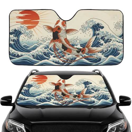 Large Japanese Koi Fish Cresting Ocean Waves Deep Red Sun - Car Interior Upgrade Car Sunshade