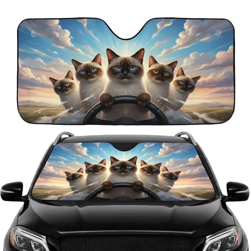 Blue Eyed Siamese Cats Steering Wheel Adventure - Road Trip Commute Accessory Car Sunshade