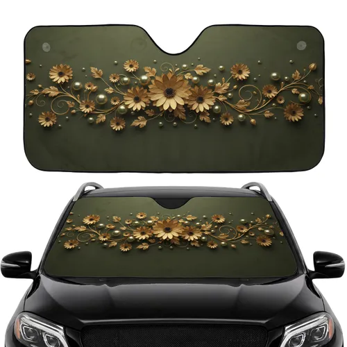 Olive Green Golden Metallic Flowers Vines Pearl Cluster Car Interior Upgrade Car Sunshade